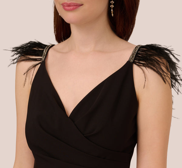 Adrianna Papell Crepe Wide Leg Jumpsuit With Bead And Feather Accents In Black