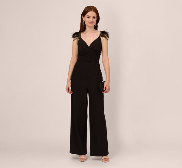 Adrianna Papell Crepe Wide Leg Jumpsuit With Bead And Feather Accents In Black