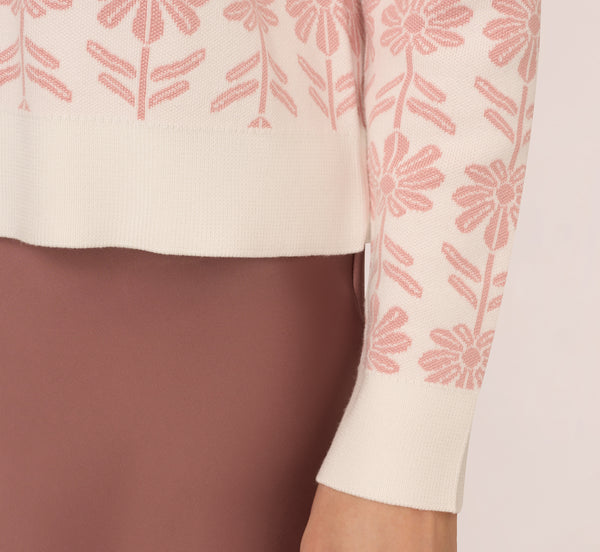 Adrianna Papell Crew Neck Floral Pullover Sweater In Ivory Champagne Rose Floral