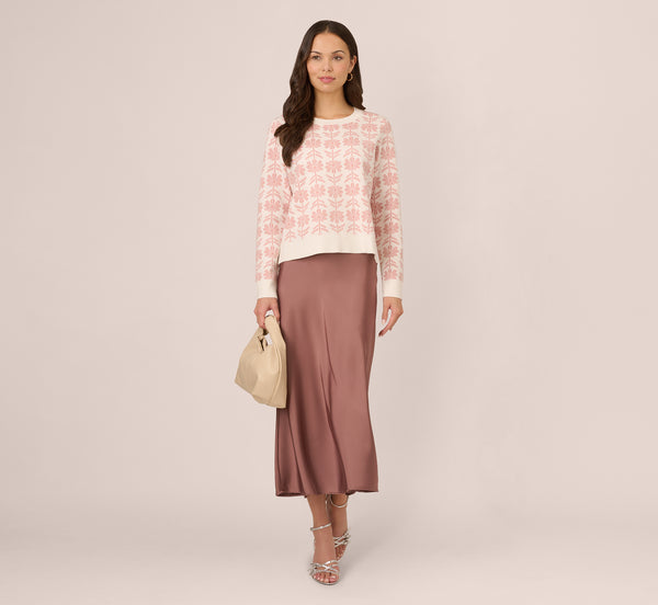 adrianna papell Crew Neck Floral Pullover Sweater In Ivory Champagne Rose Floral