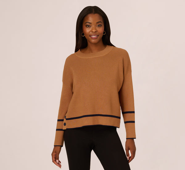 Adrianna Papell Crew Neck Pullover Sweater With Tipped Details In Camel Bluemoon