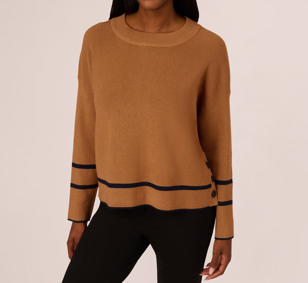 Adrianna Papell Crew Neck Pullover Sweater With Tipped Details In Camel Bluemoon