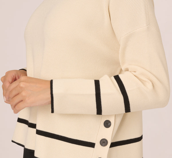Adrianna Papell Crew Neck Pullover Sweater With Tipped Details In Cream Black