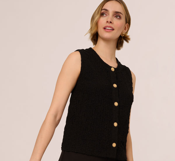 Adrianna Papell Crew Neck Textured Vest Cardigan In Black