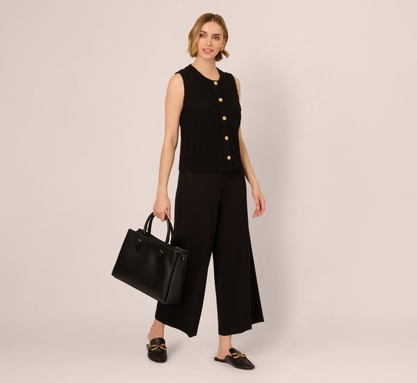 Adrianna Papell Crew Neck Textured Vest Cardigan In Black