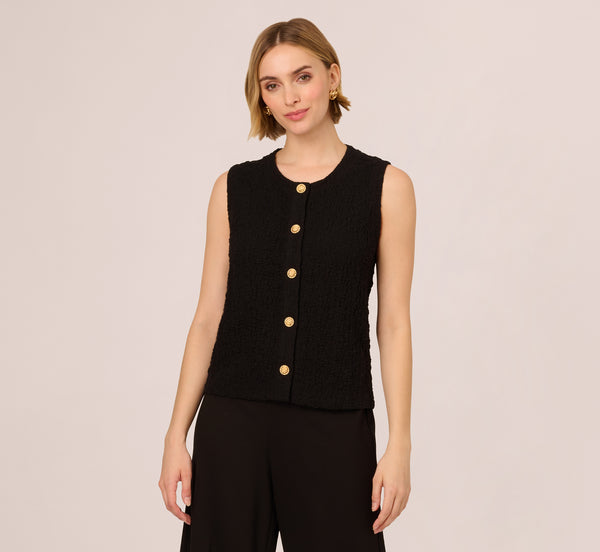 Adrianna Papell Crew Neck Textured Vest Cardigan In Black