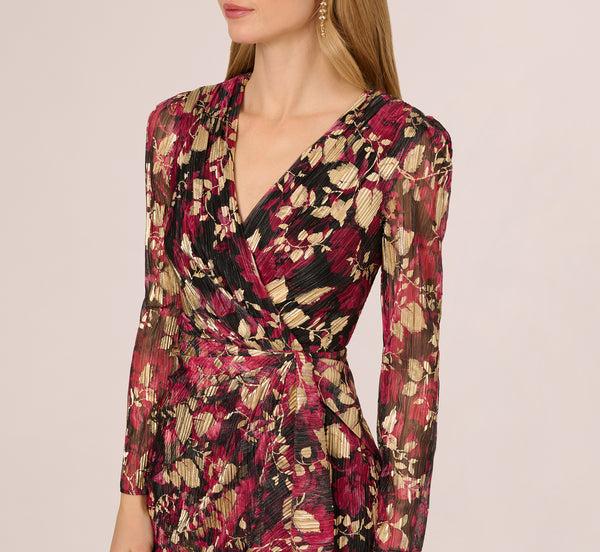 Adrianna Papell Crinkle Foil Wrap Dress In Fuchsia Gold
