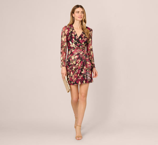adrianna papell Crinkle Foil Wrap Dress In Fuchsia Gold