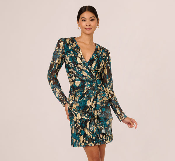 Adrianna Papell Crinkle Foil Wrap Dress In Teal Sapphire Gold