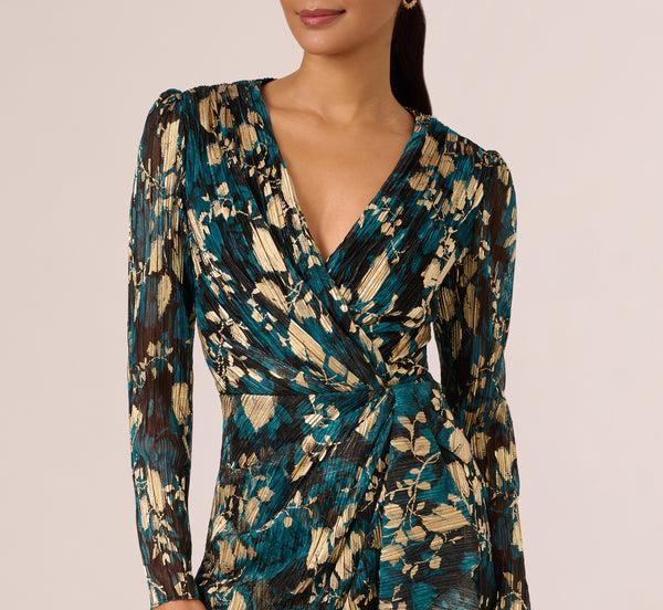 Adrianna Papell Crinkle Foil Wrap Dress In Teal Sapphire Gold