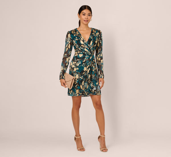 adrianna papell Crinkle Foil Wrap Dress In Teal Sapphire Gold