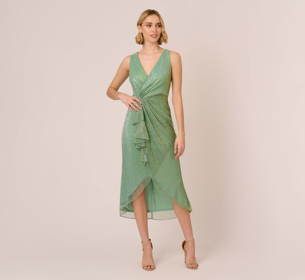 Adrianna Papell Crinkle Metallic Faux Wrap Dress With Draped Detail In Green Slate