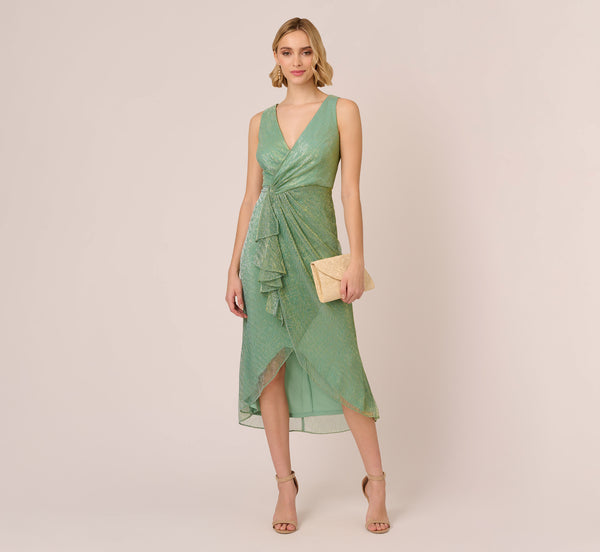 adrianna papell Crinkle Metallic Faux Wrap Dress With Draped Detail In Green Slate