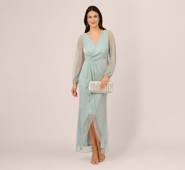 adrianna papell Crinkle Metallic Gown With Sheer Bishop Sleeves And Draped Details In Mint Smoke
