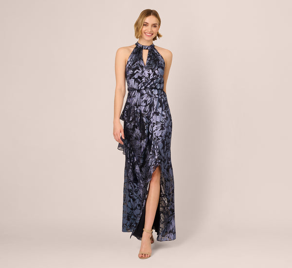Adrianna Papell Crinkle Metallic Keyhole Halter Ruffle Gown In Navy