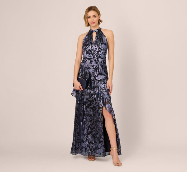 adrianna papell Crinkle Metallic Keyhole Halter Ruffle Gown In Navy