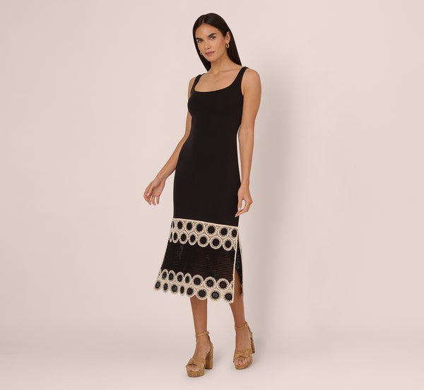 Adrianna Papell Crochet Trimmed Sheath Midi Dress With Tank Straps In Black Ecru