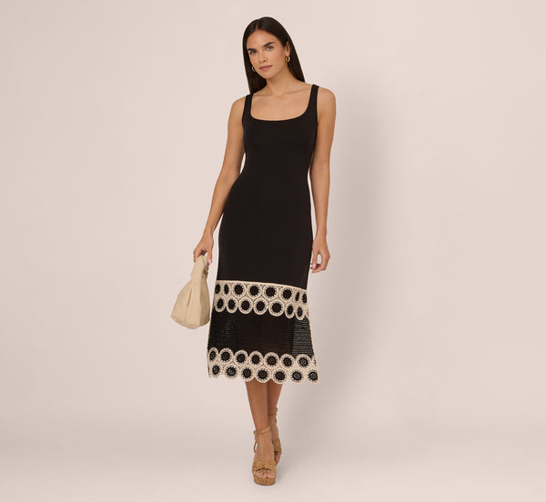 adrianna papell Crochet Trimmed Sheath Midi Dress With Tank Straps In Black Ecru