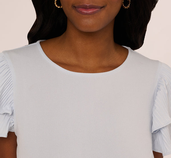 Adrianna Papell Double Flutter Sleeve Top With Pleated Details In Halogen Blue