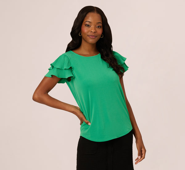 Adrianna Papell Double Flutter Sleeve Top With Pleated Details In Jelly Bean