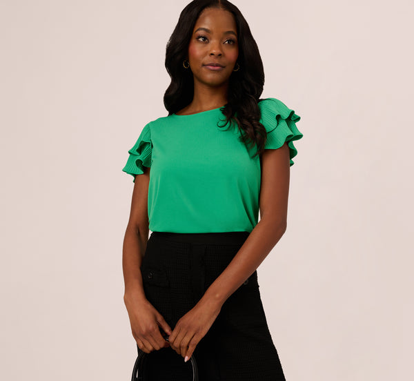 adrianna papell Double Flutter Sleeve Top With Pleated Details In Jelly Bean