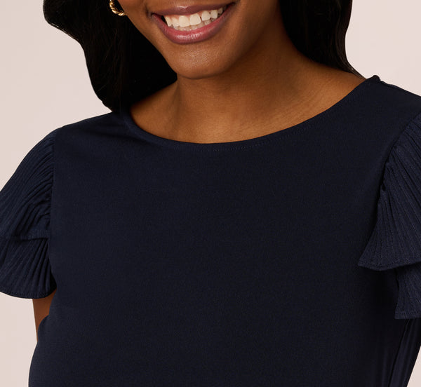 Adrianna Papell Double Flutter Sleeve Top With Pleated Details In Blue Moon