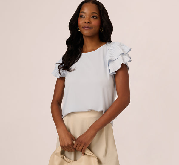 adrianna papell Double Flutter Sleeve Top With Pleated Details In Halogen Blue
