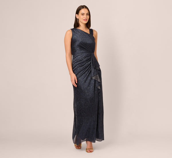 Adrianna Papell Draped Metallic Foil Long Dress In Navy