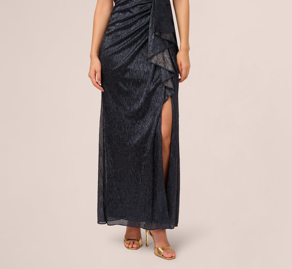 Adrianna Papell Draped Metallic Foil Long Dress In Navy