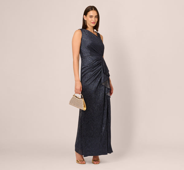 adrianna papell Draped Metallic Foil Long Dress In Navy