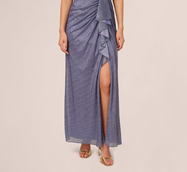Adrianna Papell Draped Metallic Foil Long Dress In Peri Cruise