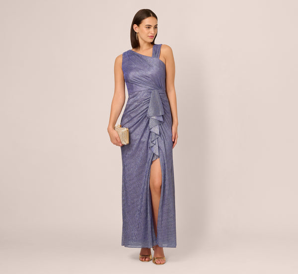 adrianna papell Draped Metallic Foil Long Dress In Peri Cruise