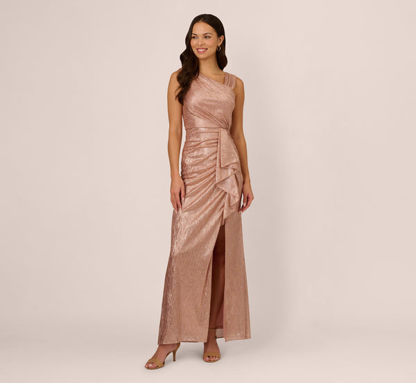 Adrianna Papell Draped Metallic Foil Long Dress In Rose Gold