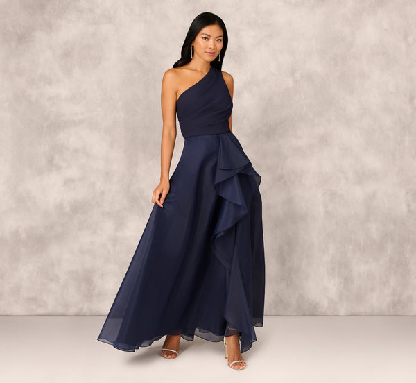 Adrianna Papell Draped Organza One Shoulder Ballgown In Twilight