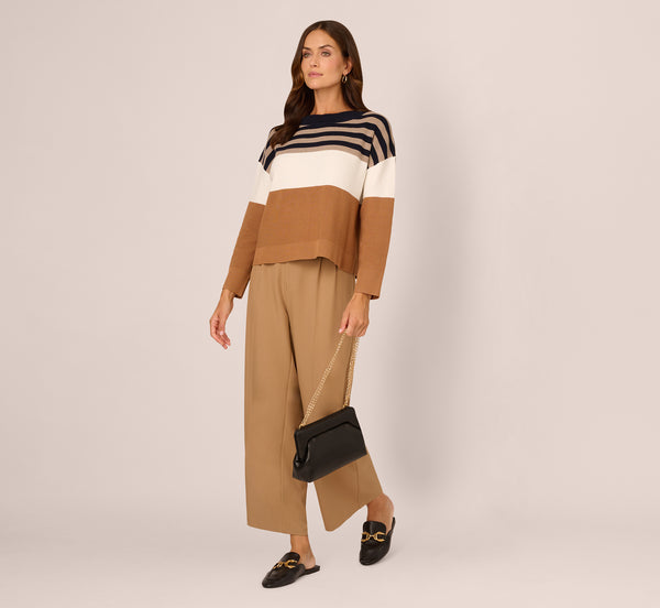 Adrianna Papell Drop Shoulder Boat Neck Color Blocked Sweater In Bluemoon Htdkoatmealblockmulti