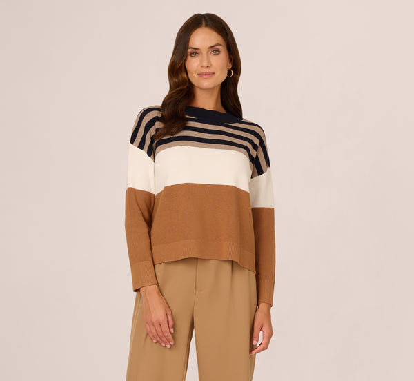Adrianna Papell Drop Shoulder Boat Neck Color Blocked Sweater In Bluemoon Htdkoatmealblockmulti