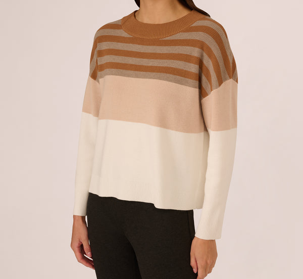 Adrianna Papell Drop Shoulder Boat Neck Color Blocked Sweater In Camel Ht Oatmeal Block Multi