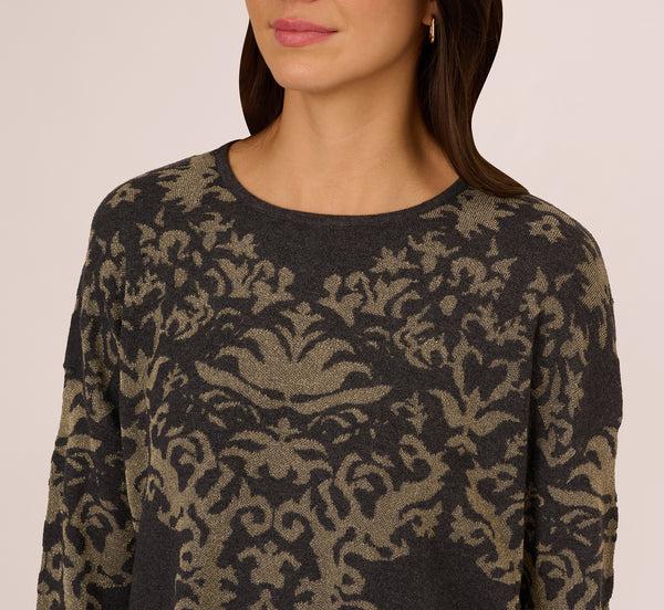 Adrianna Papell Drop Shoulder Metallic Knit Sweater In Slate Grey Gold