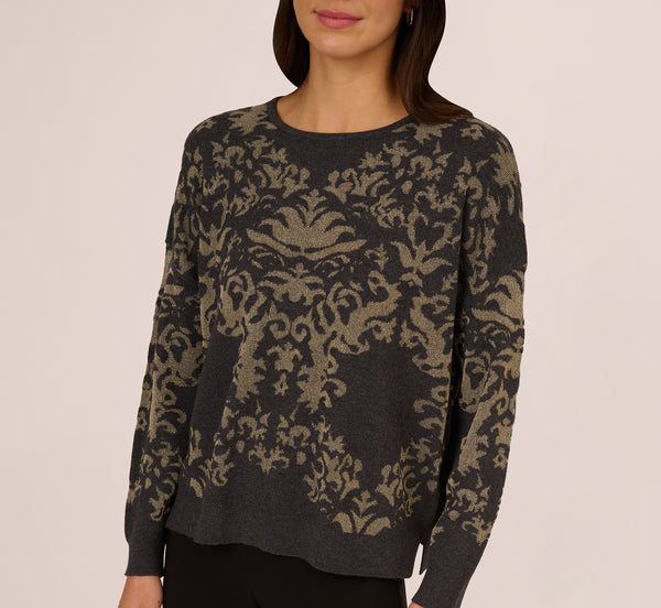 Adrianna Papell Drop Shoulder Metallic Knit Sweater In Slate Grey Gold