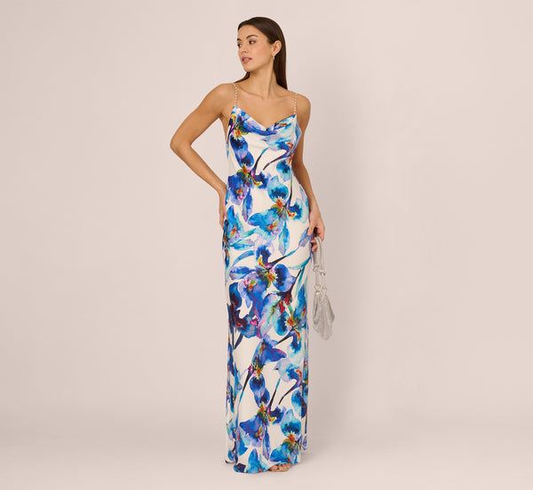 Adrianna Papell Embellished Strap Floral Satin Slip Dress In Blue Ivory Multi