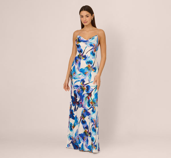 Adrianna Papell Embellished Strap Floral Satin Slip Dress In Blue Ivory Multi