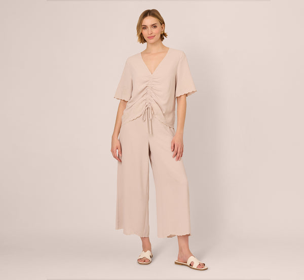 Adrianna Papell Embroidered Airflow Top And Wide Leg Pant Set In Pebble