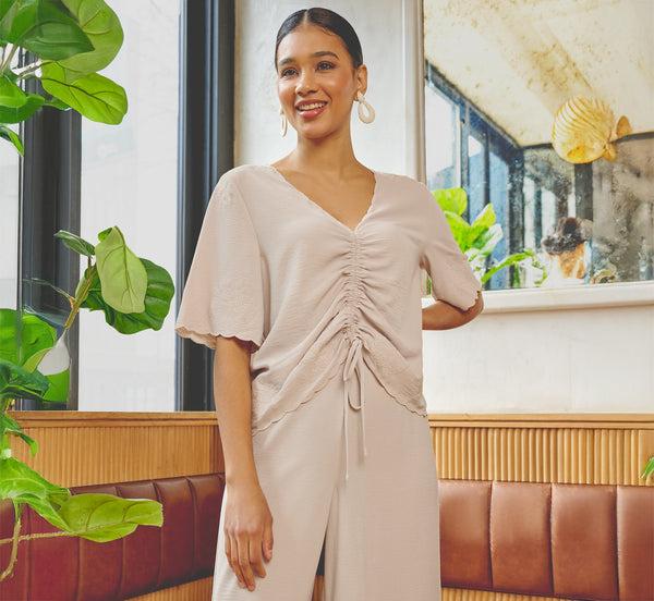 adrianna papell Embroidered Airflow Top And Wide Leg Pant Set In Pebble