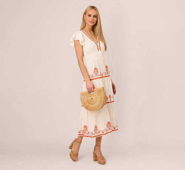 Adrianna Papell Embroidered Flutter Sleeve Tiered Midi Dress In Ivory Red Multi