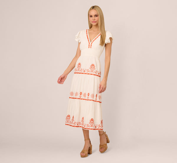 Adrianna Papell Embroidered Flutter Sleeve Tiered Midi Dress In Ivory Red Multi
