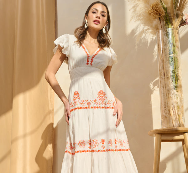 adrianna papell Embroidered Flutter Sleeve Tiered Midi Dress In Ivory Red Multi