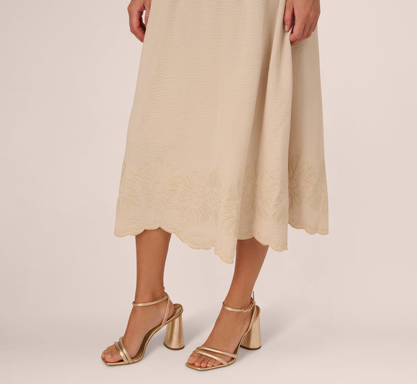 Adrianna Papell Embroidery Scalloped Hem Midi Skirt In Bamboo Wood