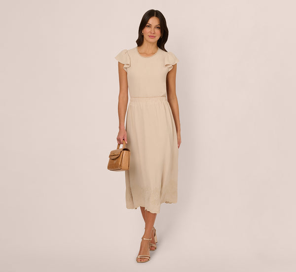 adrianna papell Embroidery Scalloped Hem Midi Skirt In Bamboo Wood