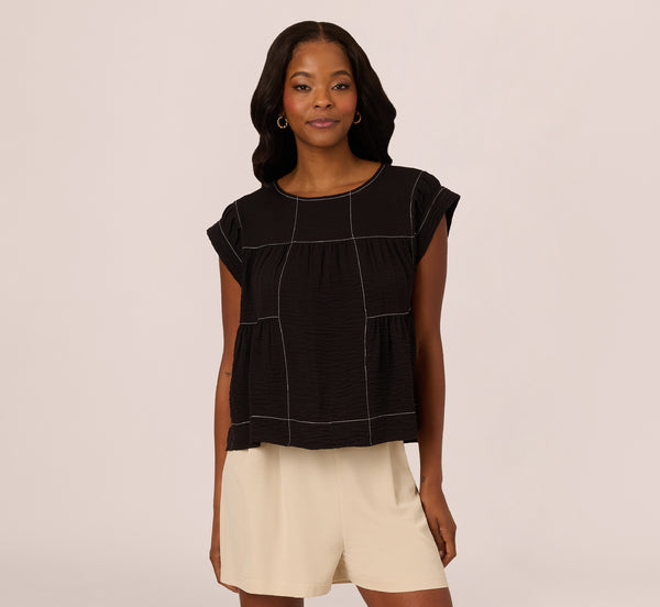 Adrianna Papell Extended Shoulder Contrast Stitch Yoke Top In Black Ivory