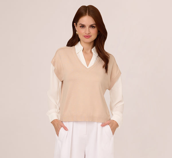 Adrianna Papell Extended Shoulder Sweater Vest Twofer Shirt In Champagne Blush Ivory
